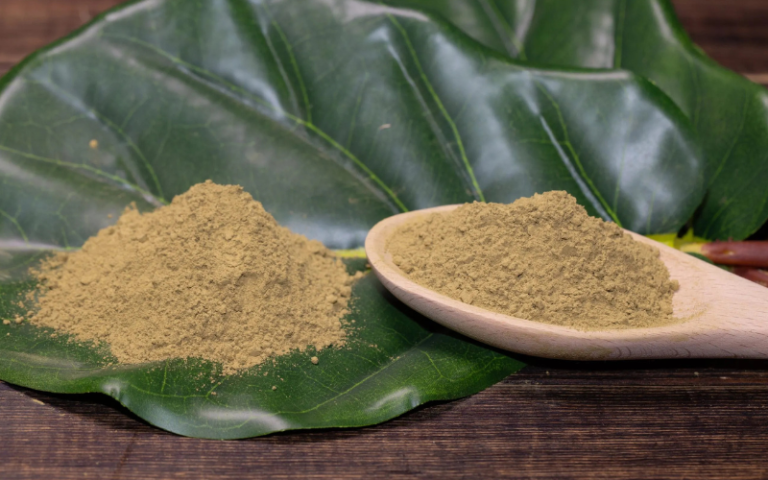 Natural Kratom powder on spoon and leaf, known for energy and focus